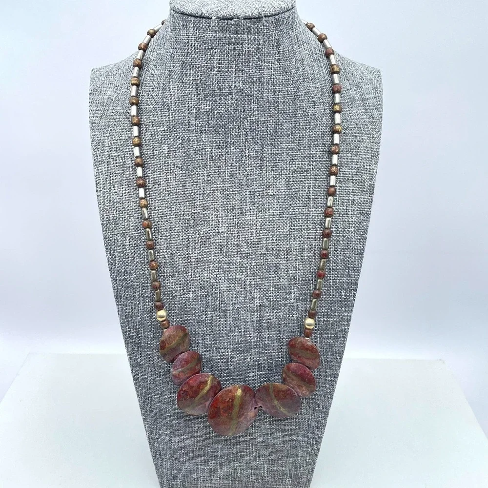 VTG‎ Earthy Jasper Stone Slab Necklace Brown Wood Tube Spacer Bead Chunky Tribal